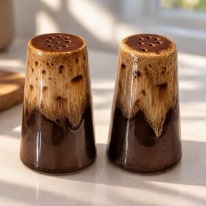 Vintage Brown Tan Drip Glaze Ceramic Salt Pepper Shakers Set Harker Rawhide S&P